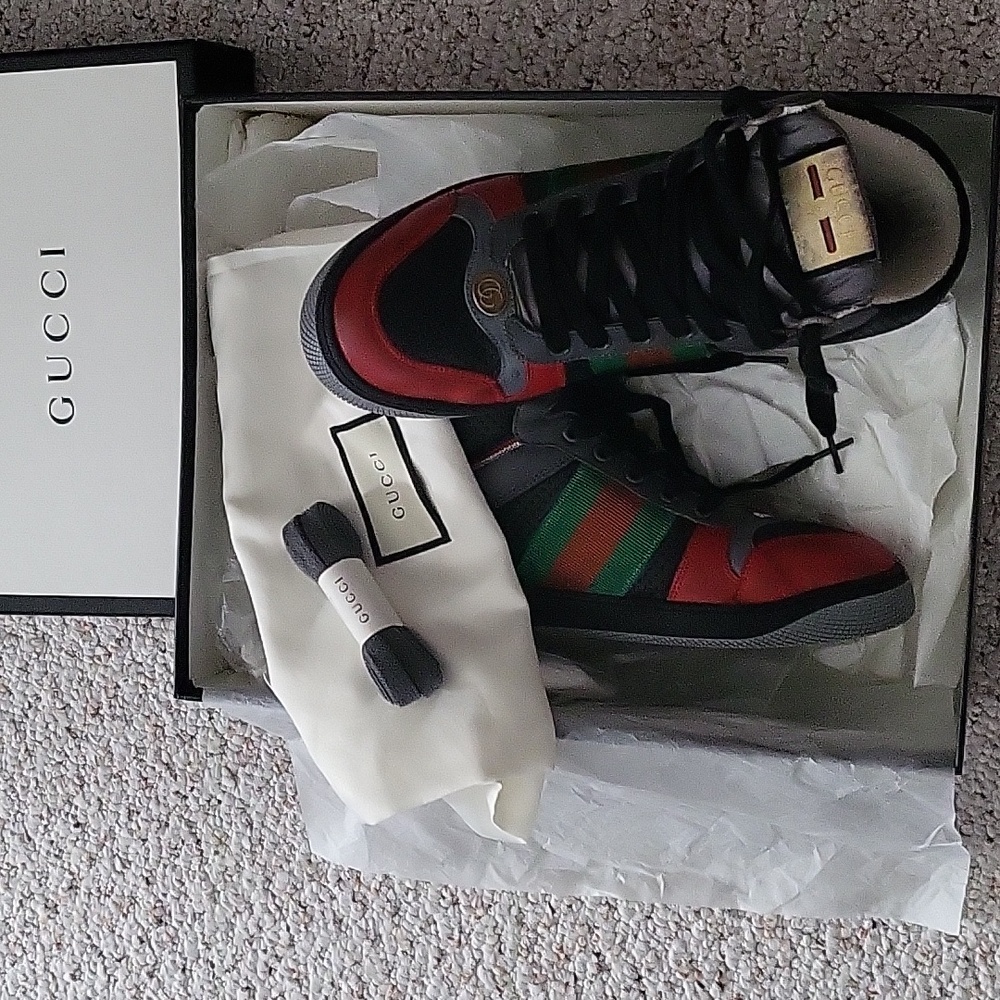 AUTHENTIC NEW IN BOX EXTRA LACES Gucci Black & Red HIGH TOP SNEAKERS US 6.5 UK 6